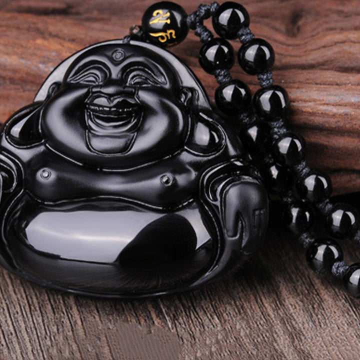 Collier pendentif Bouddha rieur en obsidienne noire transformant Buddha Buddha Stones