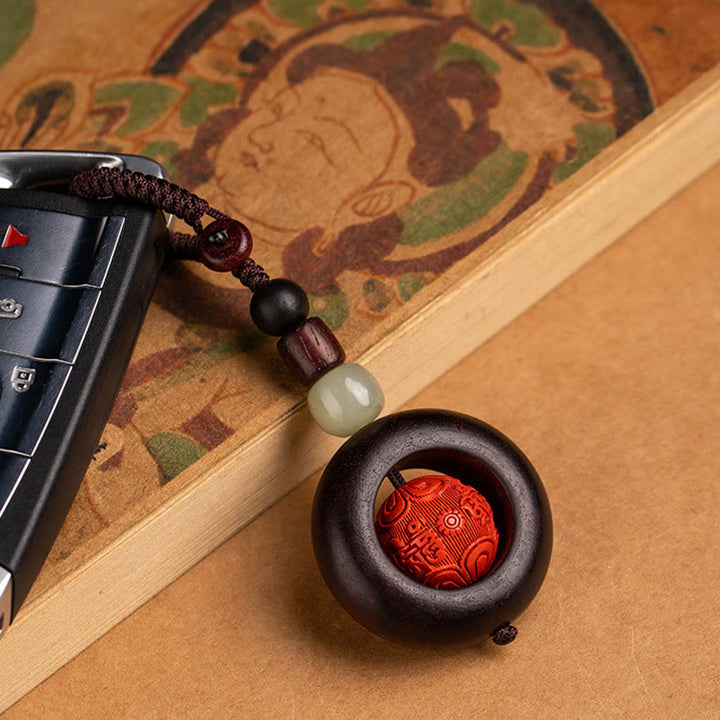 Buddha Stones Tibet Om Mani Padme Hum PiXiu Pièce de cuivre Petite feuille Bois de santal rouge Cinabre Protection Porte-clés