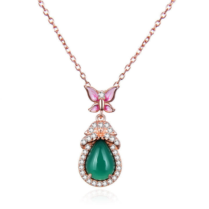 Collier pendentif courage en argent sterling 925 avec calcédoine verte et zircon papillon