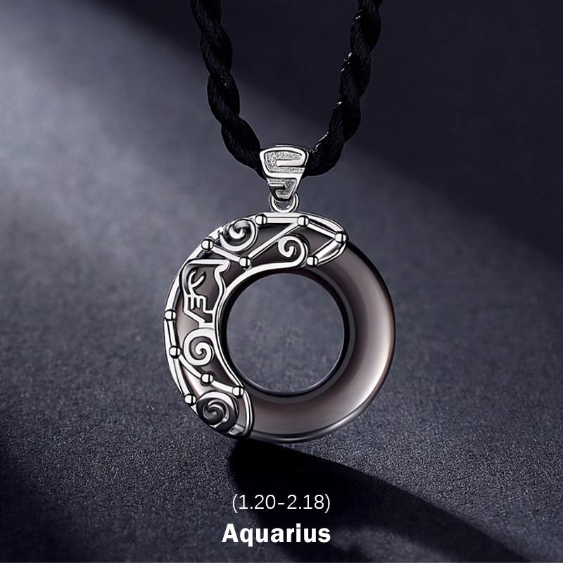 Collier pendentif rond en obsidienne glacée avec 12 constellations du zodiaque de Buddha Stones - Verseau - Corde - image 21