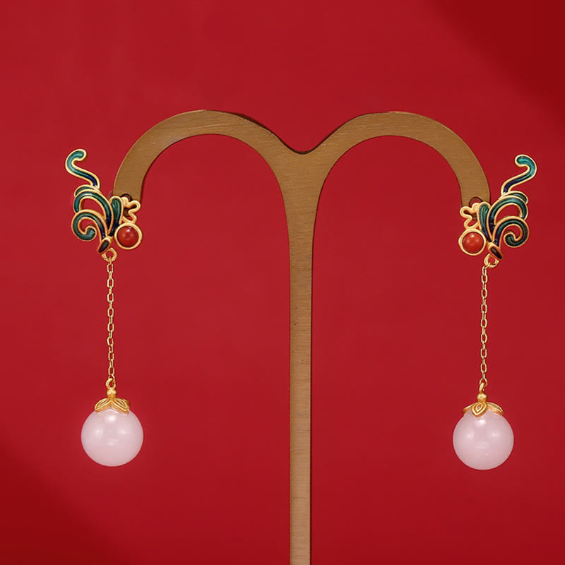 Boucles d'oreilles pendantes en jade blanc et agate rouge vintage Buddha Stones