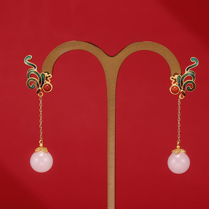 Boucles d'oreilles pendantes en jade blanc et agate rouge vintage Buddha Stones