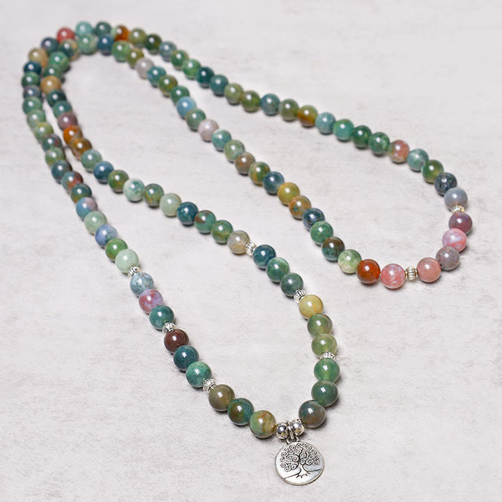 Bracelet Mala 108 Buddha Stones en agate indienne avec lotus OM Bouddha Arbre de vie et calme positif