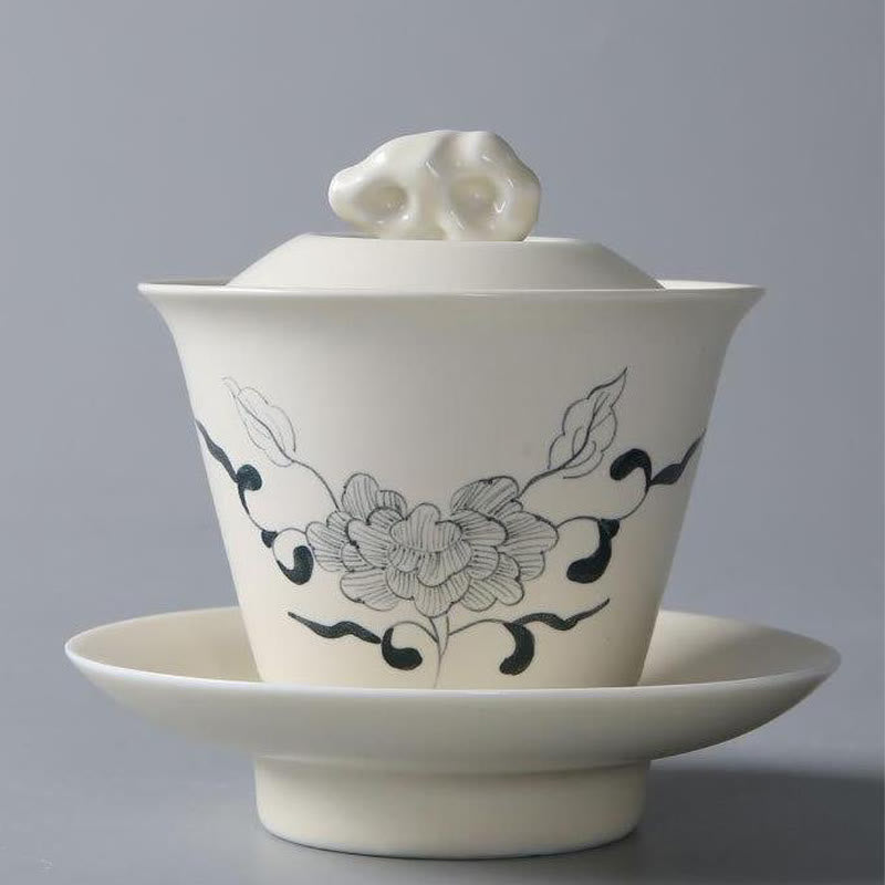 Buddha Stones peintes à la main Grenade Hibiscus Pin Lotus Céramique Gaiwan Sancai Tasse à thé Kung Fu Tasse à thé et soucoupe avec couvercle