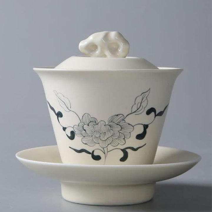 Buddha Stones peintes à la main Grenade Hibiscus Pin Lotus Céramique Gaiwan Sancai Tasse à thé Kung Fu Tasse à thé et soucoupe avec couvercle