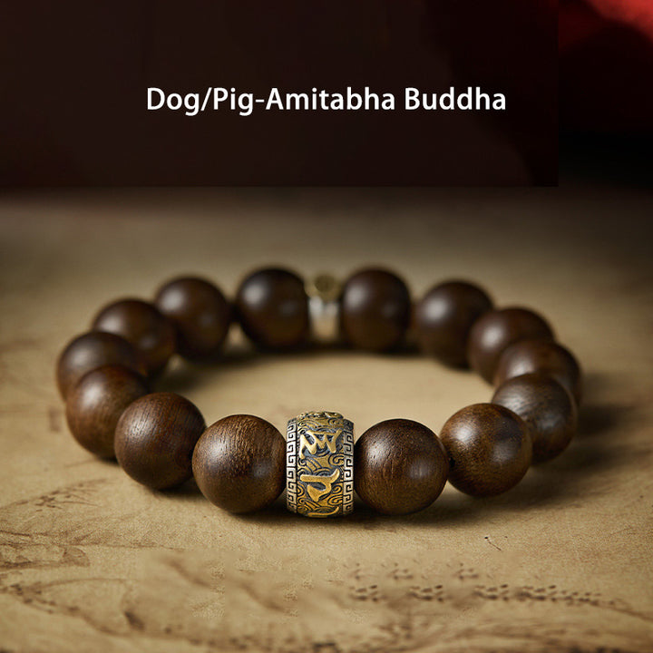 Bracelet en argent sterling 925 Buddha Stones et zodiaque chinois, Bouddha du Kalimantan, bois d'agar, Om Mani Padme Hum