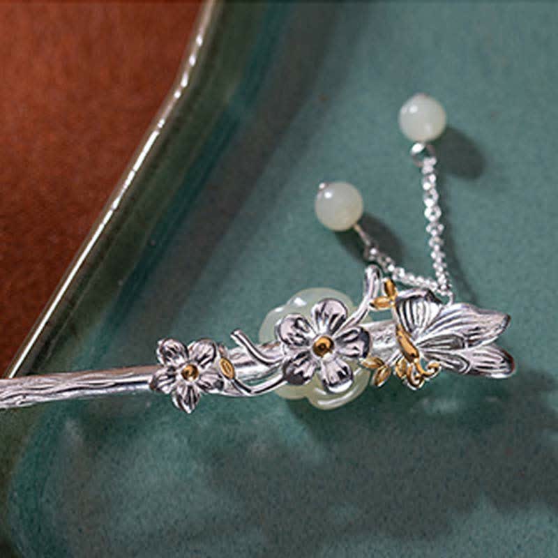 Épingle à cheveux en argent sterling 925 avec fleur de jade blanc Hetian