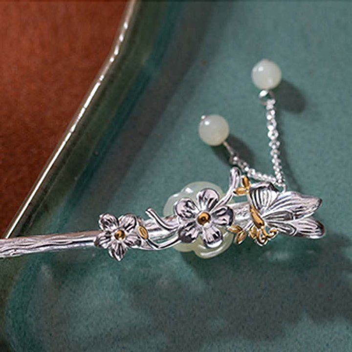 Épingle à cheveux en argent sterling 925 avec fleur de jade blanc Hetian
