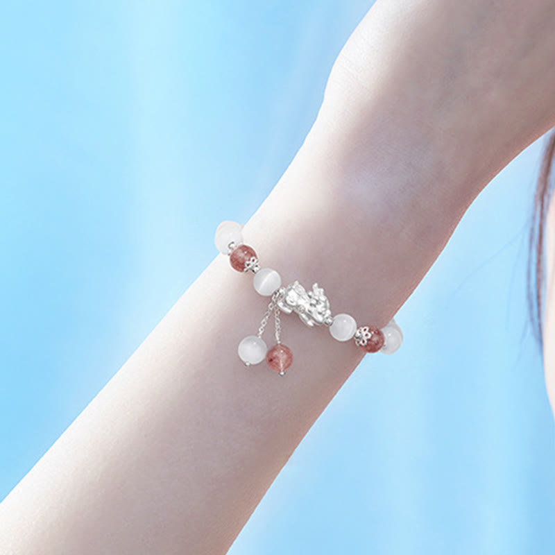 Bracelet de soutien PiXiu en pierre de lune œil de chat naturelle et quartz fraise de Buddha Stones