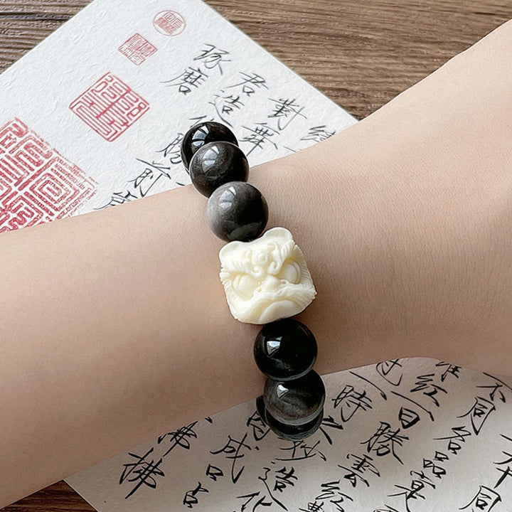Bracelet de protection en obsidienne argentée et brillante de Buddha Stones , graine de Bodhi, ivoire, fruit, lion dansant