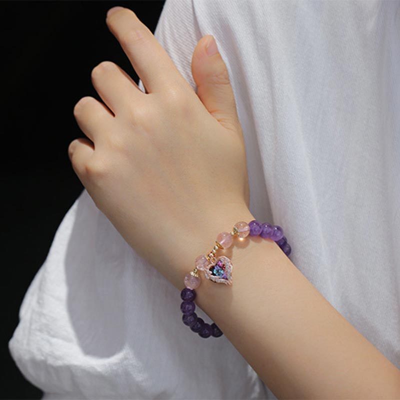 Bracelet porte-bonheur en cristal de quartz fraise et améthyste naturelle