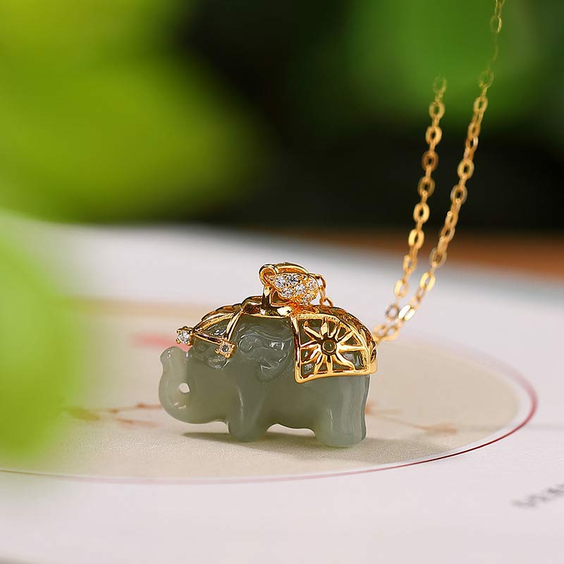 Buddha Stones Argent Sterling 925 Jade Eléphant Bénédiction Fortune Collier Chaîne Pendentif - image 1