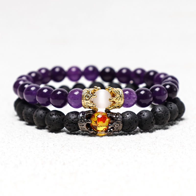 Bracelet couple en perles d'énergie de guérison avec couronne roi et reine en Buddha Stones