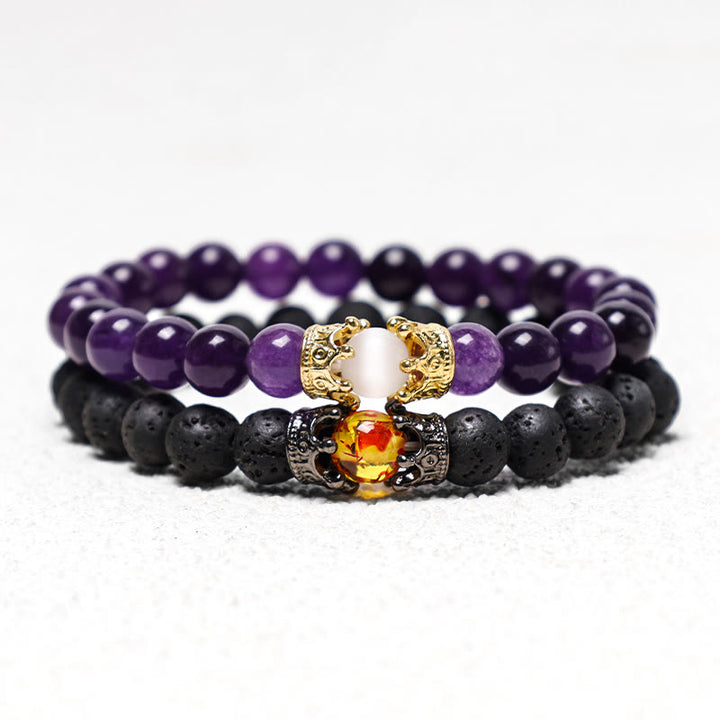 Bracelet couple en perles d'énergie de guérison avec couronne roi et reine en Buddha Stones