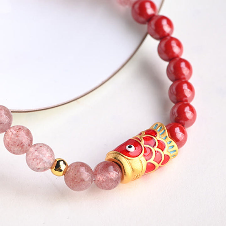Bracelet de guérison porte-bonheur en quartz fraise et cinabre en Buddha Stones