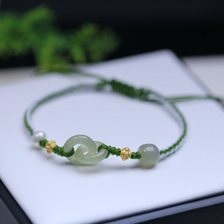 Bracelet tressé porte-bonheur en argent sterling 925 avec double boucle de paix et jade Hetian de Buddha Stones