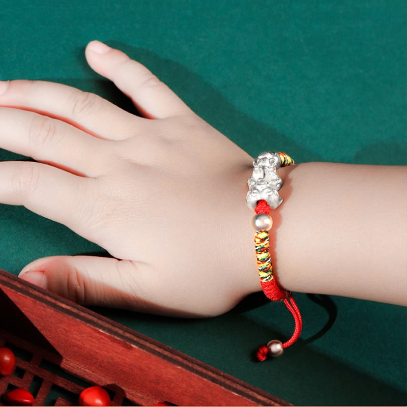Bracelet tressé pour enfants en argent sterling 999 avec Buddha Stones et nœuds PiXiu Wealth King Kong