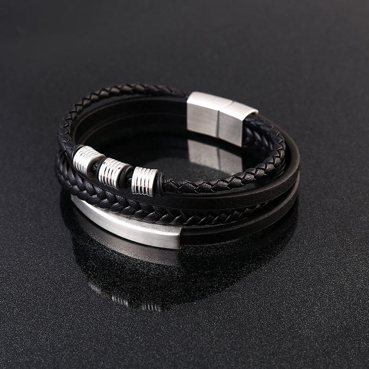 Bracelet en cuir multicouches avec boucle magnétique tressée en acier titane et Buddha Stones