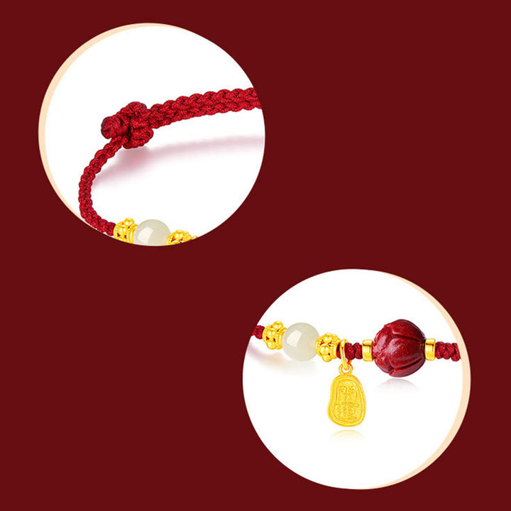 Bracelet en corde porte-bonheur en jade blanc Hetian plaqué or 24 carats avec Buddha Stones et lotus cinabre