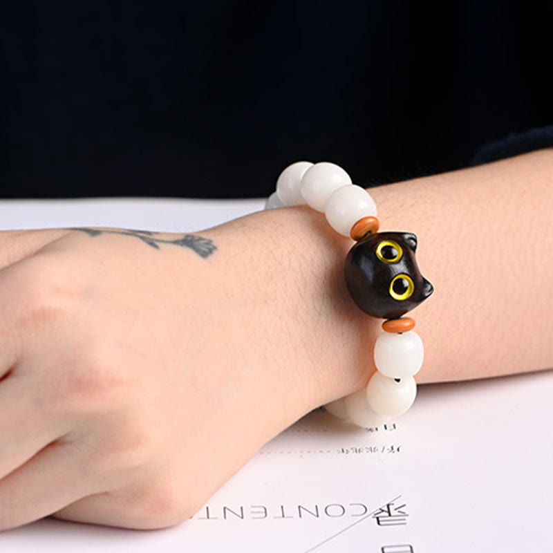 Bracelet de sagesse en Buddha Stones, graine de Bodhi naturelle, petite feuille, bois de santal rouge, bois d'ébène, joli chat porte-bonheur - image 14