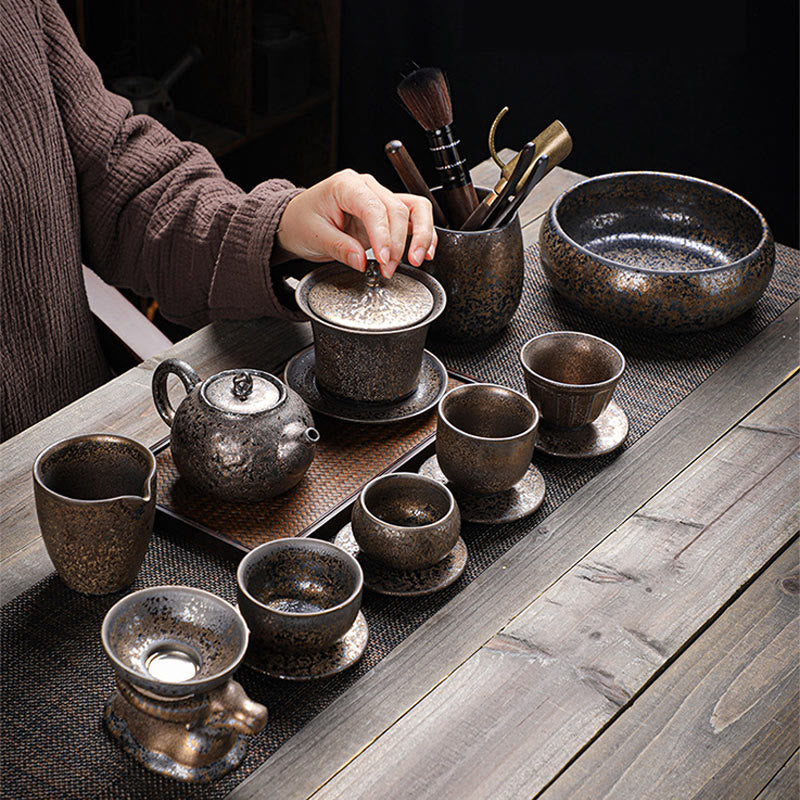 Tasse à thé et soucoupe en céramique émaillée rouille rétro Buddha Stones Gaiwan Sancai Tasse à thé Kung Fu avec couvercle