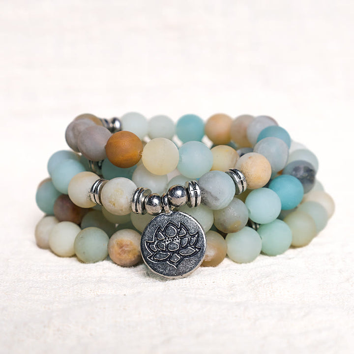 Buddha Stones Mala tibétain en pierre d'amazonite avec lotus de bénédiction