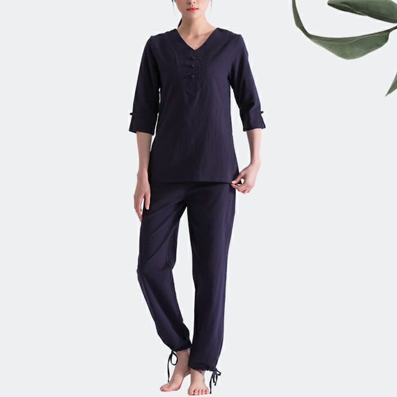 Ensemble de vêtements en coton et lin Buddha Stones , yoga, méditation, prière, col en V, pratique zen, pour femmes