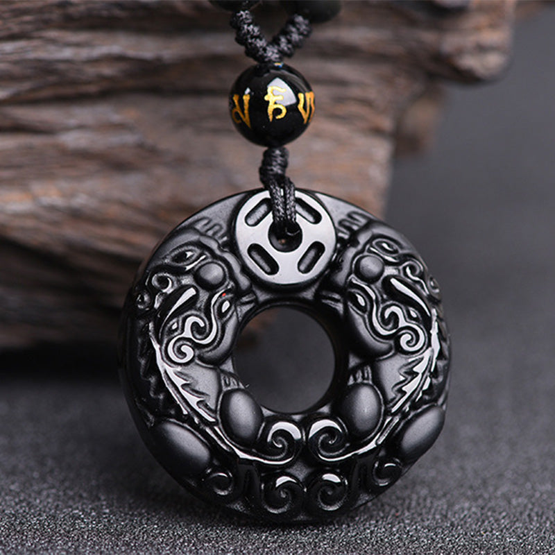 Collier avec pendentif en obsidienne Pixiu et pierres de Buddha Stones - image 2