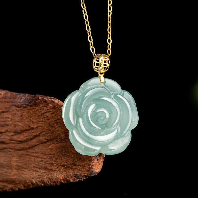 Collier pendentif porte-bonheur en jade naturel rose en argent sterling 925 et or 18 carats avec pierres de Buddha Stones