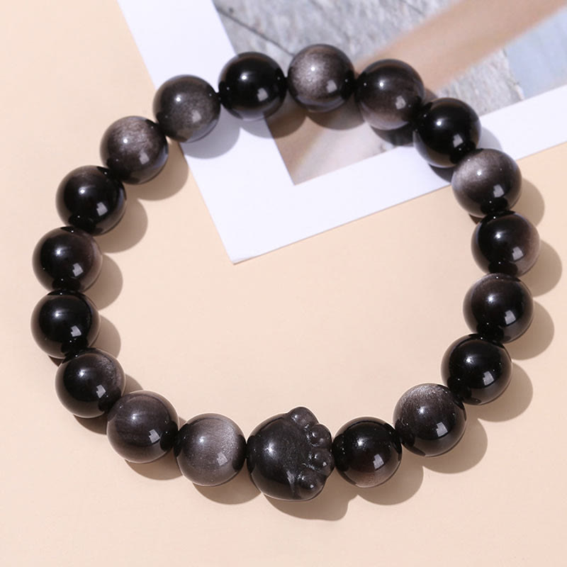 Bracelet de richesse en Buddha Stones naturelle et brillante en obsidienne argentée avec griffes de chat mignon - Obsidienne argentée - 10 mm - image 8