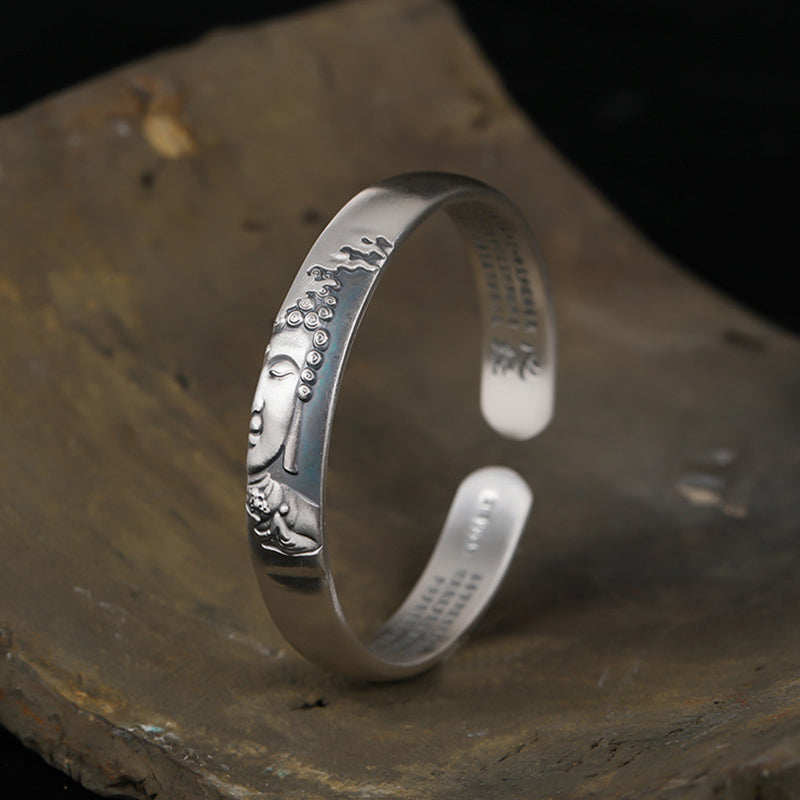 Bracelet Buddha Stones en argent sterling 999 avec tête de Bouddha et cœur Sutra de la sérénité