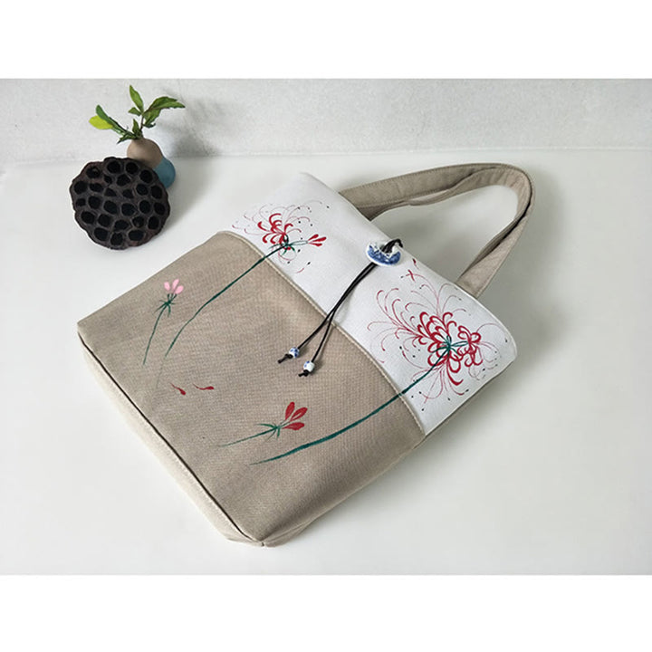 Sac à bandoulière en toile brodée de bambou avec fleur de poire, prunier, fleur de pêcher, grande capacité, sac fourre-tout