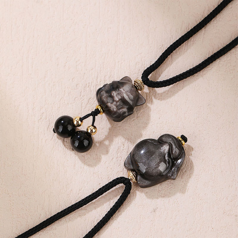 Collier pendentif de protection renard à neuf queues en obsidienne naturelle argentée et brillante de Buddha Stones