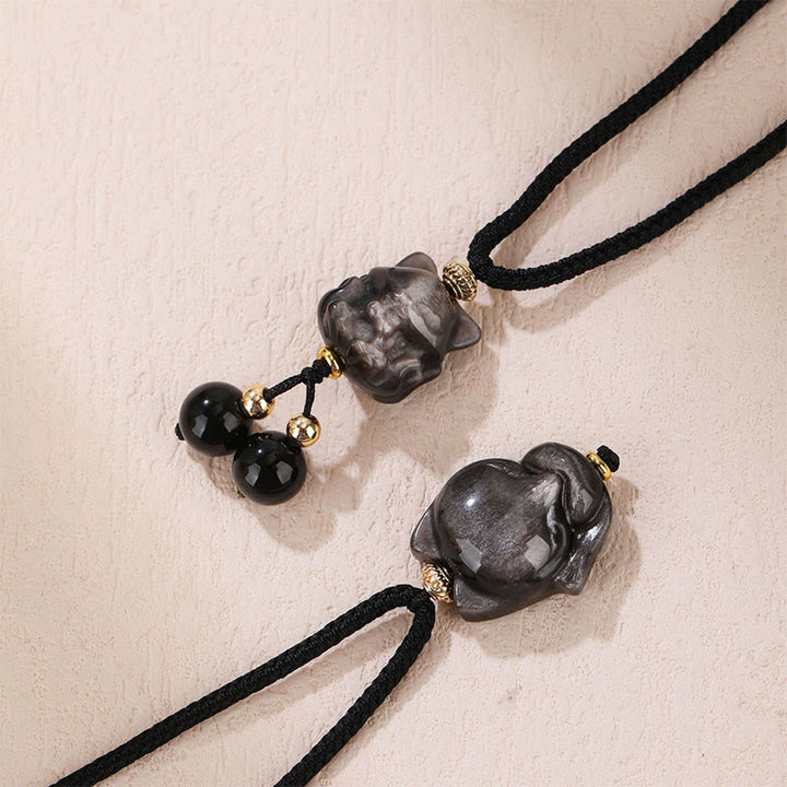 Collier pendentif de protection renard à neuf queues en obsidienne naturelle argentée et brillante de Buddha Stones