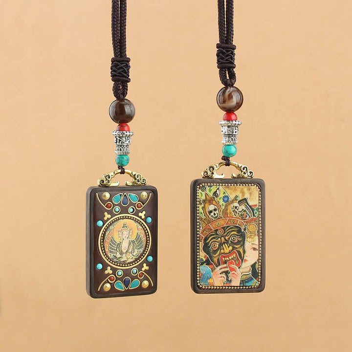 Collier pendentif en ébène Thangka Buddha Stones Tibet Dieu de la richesse