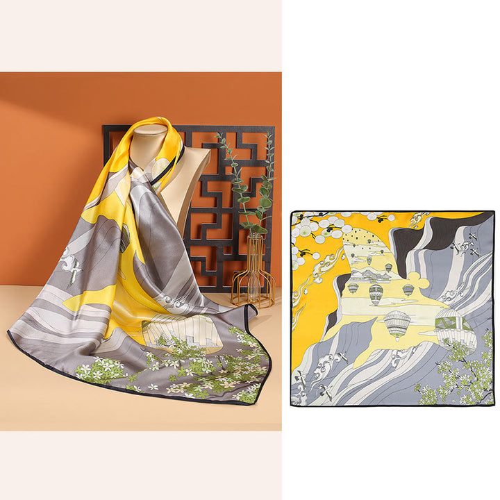 Foulard pour cheveux en soie de mûrier 100 % Buddha Stones et scène pastorale en montgolfière
