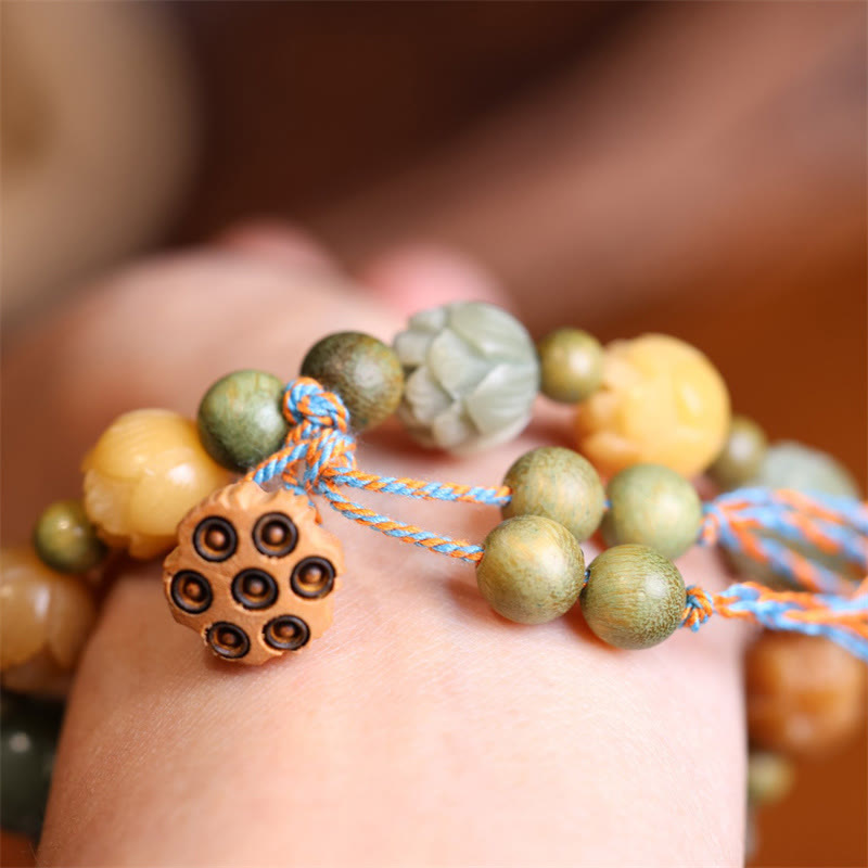 Bracelet d'harmonie de sagesse en bois de santal vert et graines de lotus Bodhi Buddha Stones
