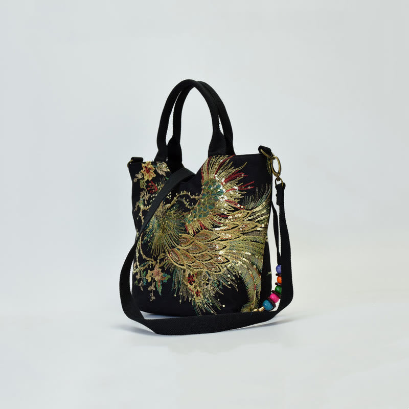 Sac cabas brodé double face avec motif de paon et Buddha Stones, sac bandoulière - image 11