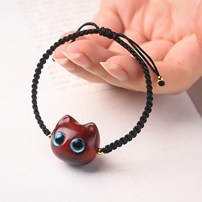 Bracelet tressé en bois de santal rouge et ébène avec petites feuilles et Buddha Stones, tête de chat mignonne, protection calme - image 3