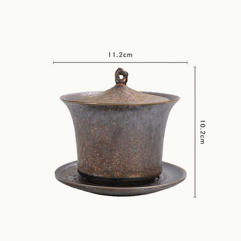 Tasse à thé et soucoupe en céramique émaillée rouille rétro Buddha Stones Gaiwan Sancai Tasse à thé Kung Fu avec couvercle