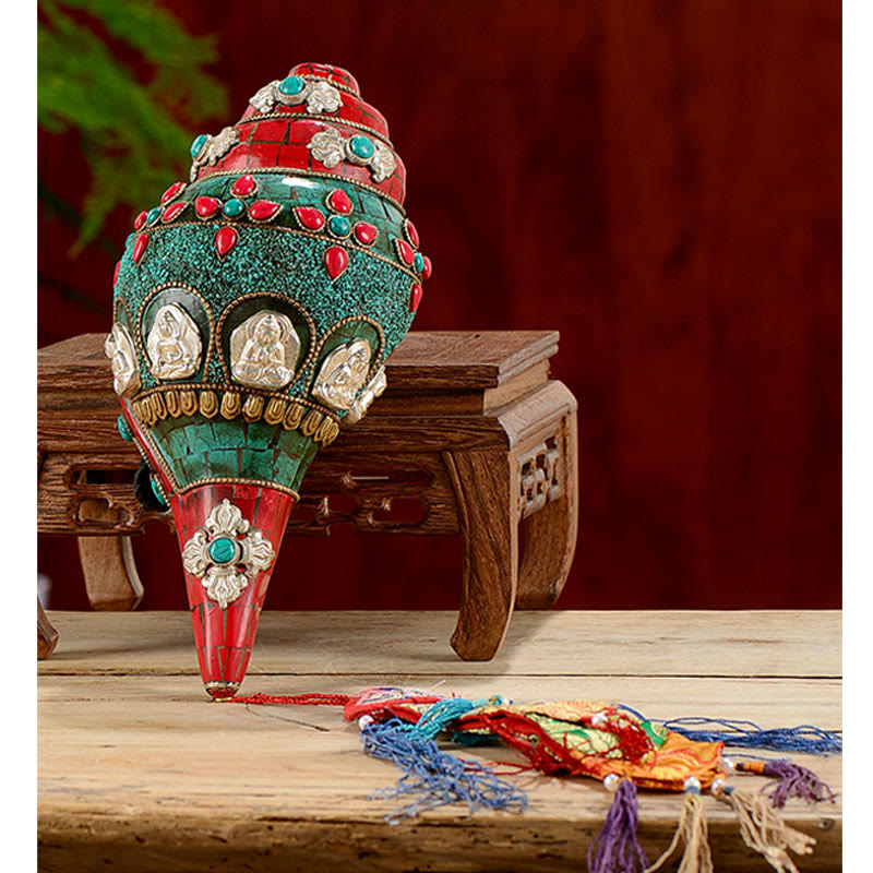 Tibétain fait à la main Shankha Om Mani Padme Hum bouddha Avalokitesvara coquille de conque Turquoise décoration positive - image 12