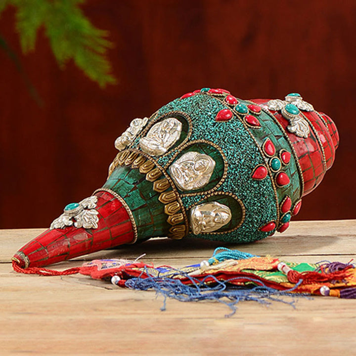 Tibétain fait à la main Shankha Om Mani Padme Hum bouddha Avalokitesvara coquille de conque Turquoise décoration positive - image 2