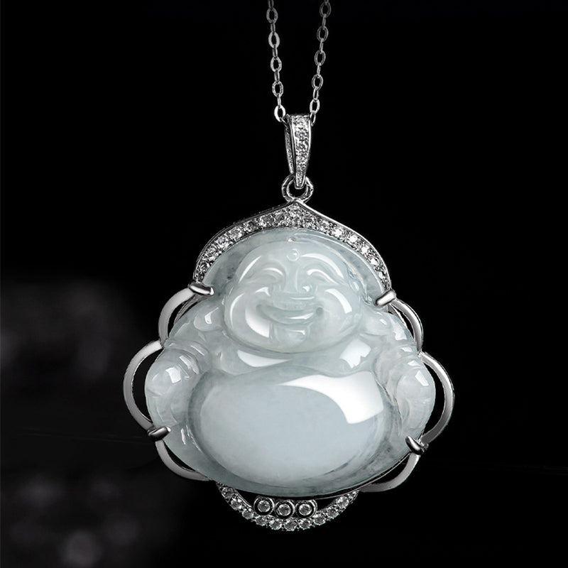 Collier Buddha Stones rieur en jade naturel, symbole d'abondance, avec chaîne en acier titane et pierres de Bouddha - image 3