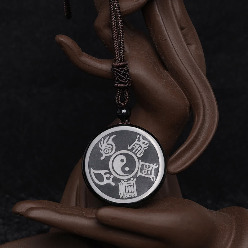 Collier pendentif Yin Yang sculpté en Buddha Stones en obsidienne noire, taoïsme, cinq montagnes sacrées, mantra à neuf caractères, purification - image 9