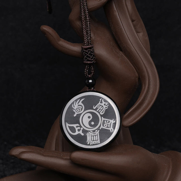 Collier pendentif Yin Yang sculpté en Buddha Stones en obsidienne noire, taoïsme, cinq montagnes sacrées, mantra à neuf caractères, purification - image 9
