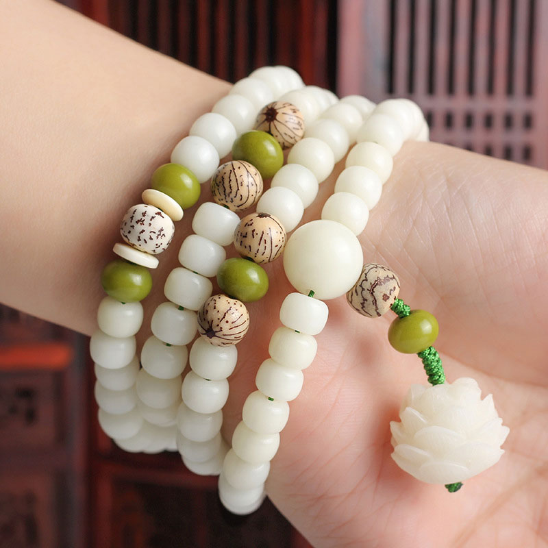 Buddha Stones Jade blanc Bodhi Lotus Mala Collier Harmonie Bracelet - image 4