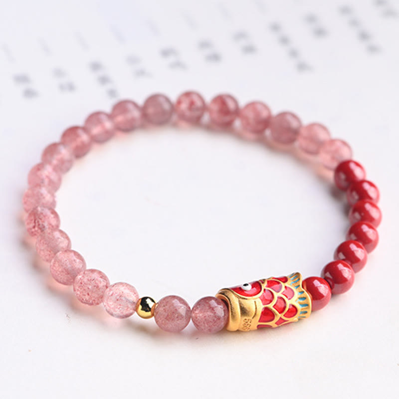 Bracelet de guérison porte-bonheur en quartz fraise et cinabre en Buddha Stones