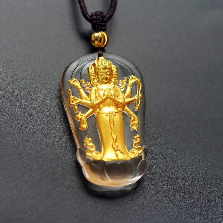 Buddha Stones tibétain à huit bras Avalokitesvara Guanyin Bouddha plaqué or en cristal Liuli