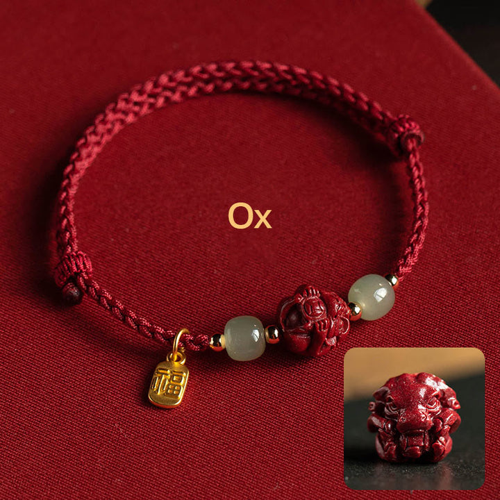 Bracelet en corde porte-bonheur en jade Hetian Buddha Stones et cinabre naturel, signe du zodiaque chinois