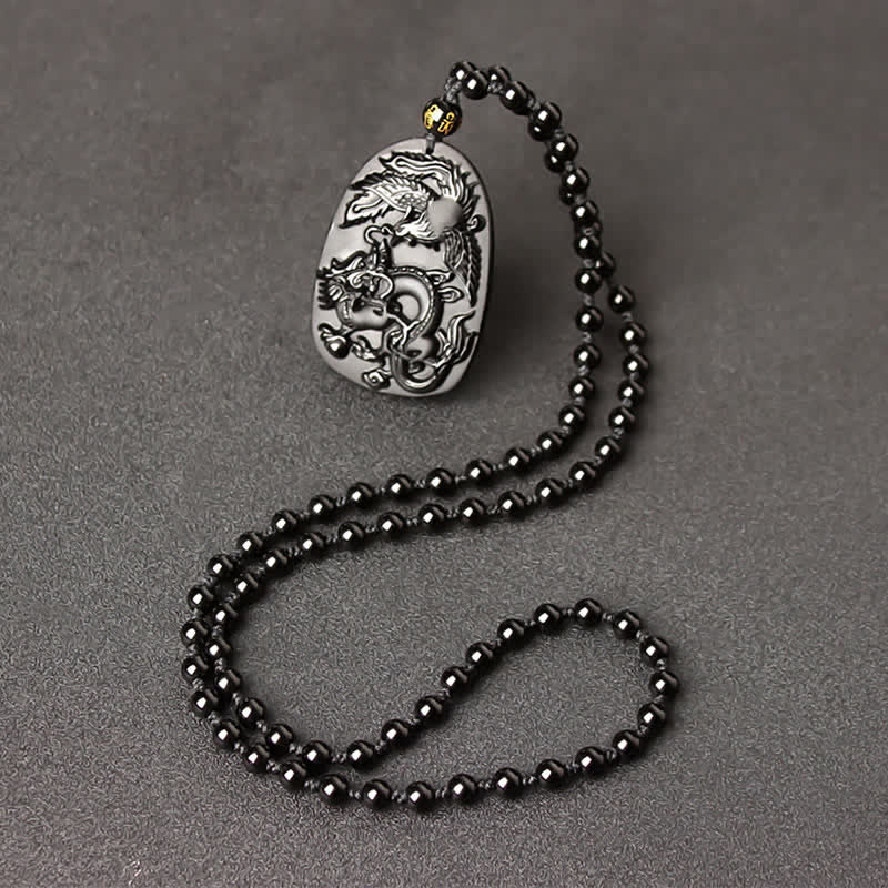 Collier avec pendentif en perles de protection en obsidienne noire œil de tigre dragon phénix - Chaîne de perles d'obsidienne - image 10
